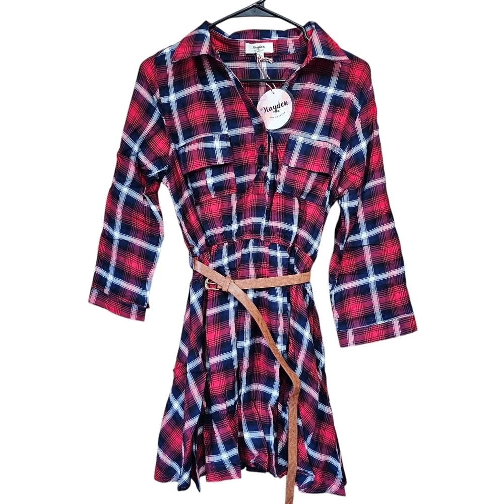 Hayden Plaid Belt Dress Large Blue & Red Long Sleeve NWT